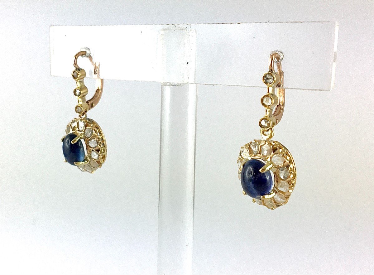 Dangle Earrings Sleeper Dangles Daisy Sapphires Cabochons Diamonds Rose / Yellow Gold-photo-4