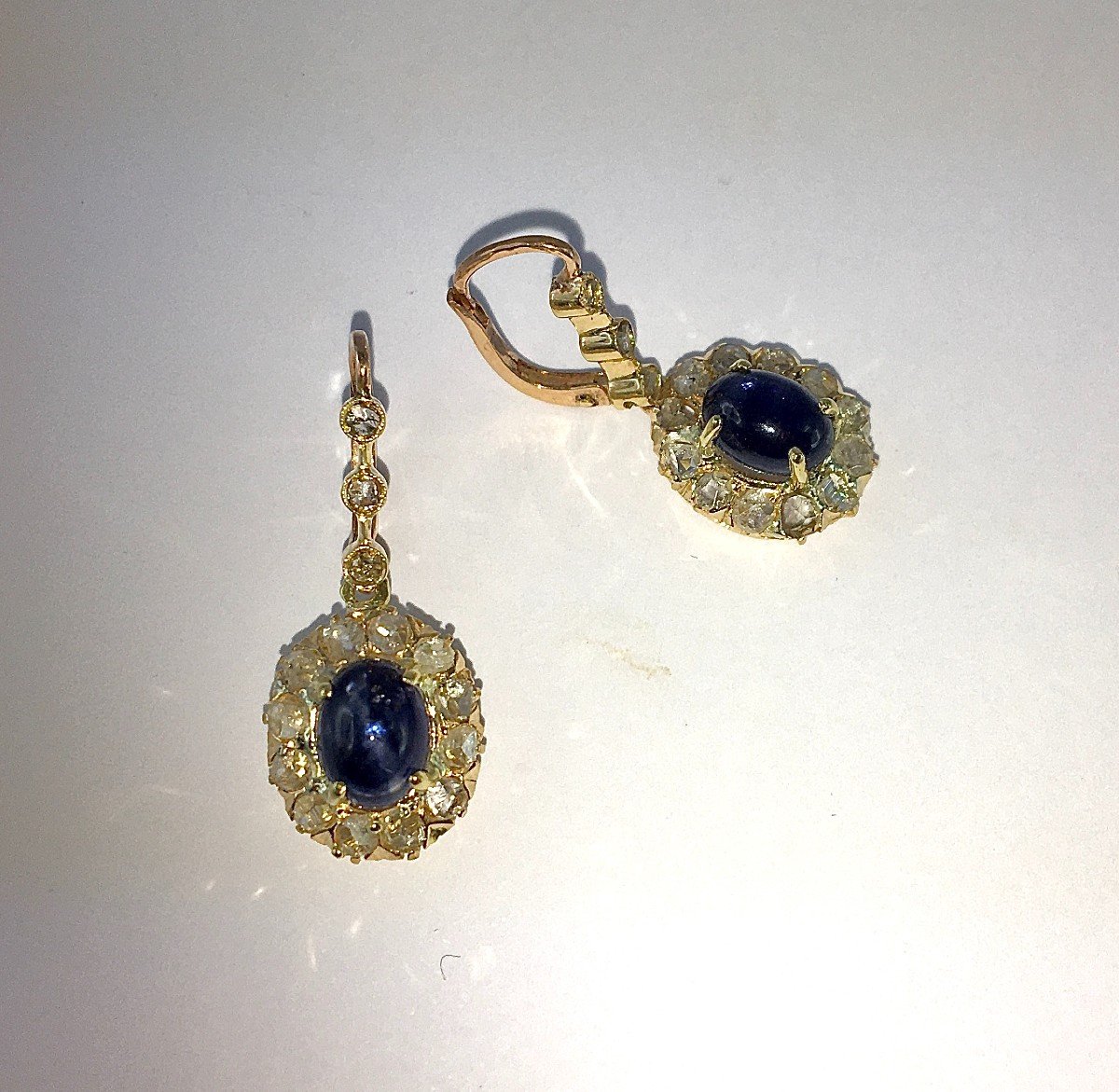 Dangle Earrings Sleeper Dangles Daisy Sapphires Cabochons Diamonds Rose / Yellow Gold-photo-5