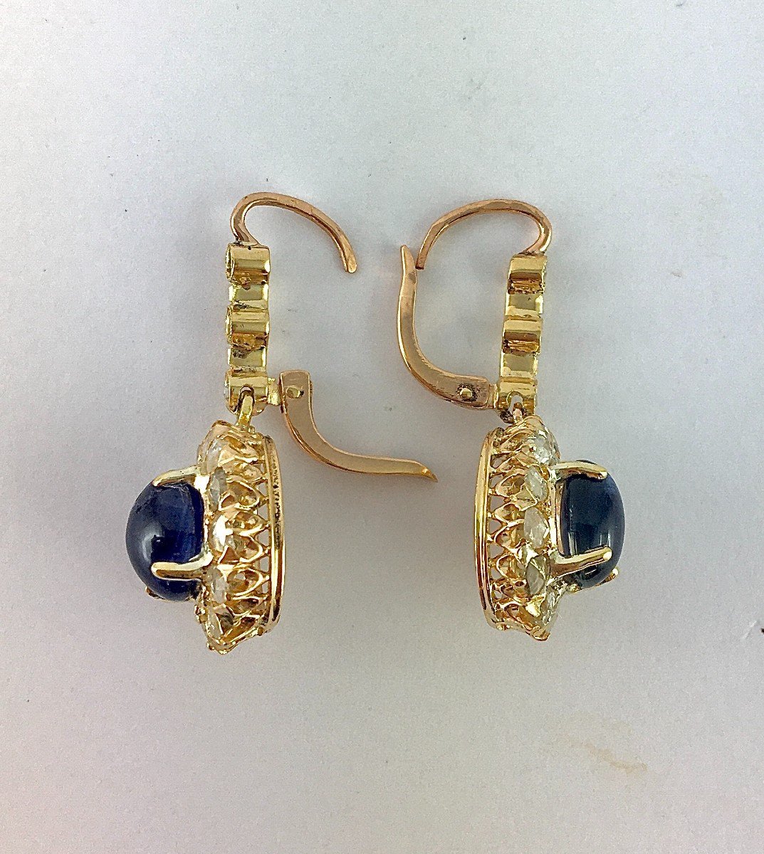 Dangle Earrings Sleeper Dangles Daisy Sapphires Cabochons Diamonds Rose / Yellow Gold-photo-6