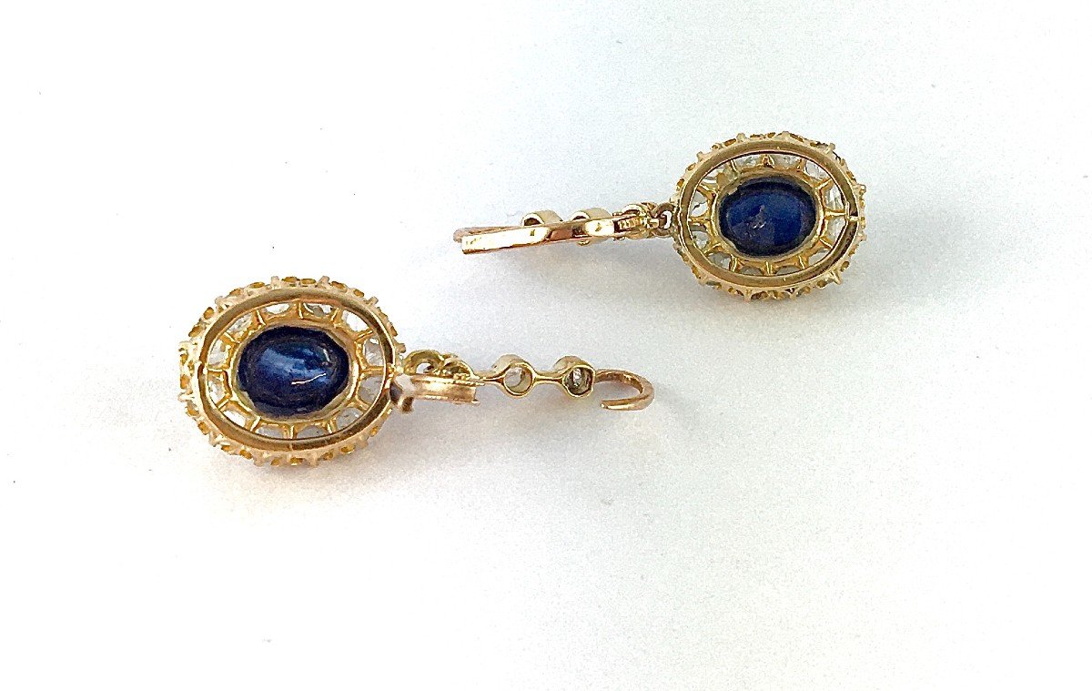 Dangle Earrings Sleeper Dangles Daisy Sapphires Cabochons Diamonds Rose / Yellow Gold-photo-7