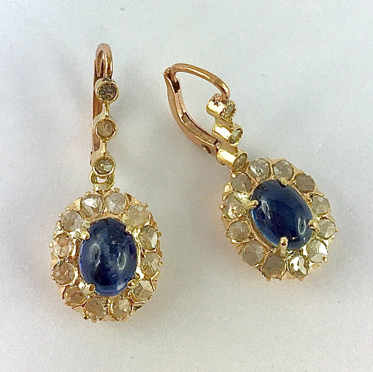 Dangle Earrings Sleeper Dangles Daisy Sapphires Cabochons Diamonds Rose / Yellow Gold