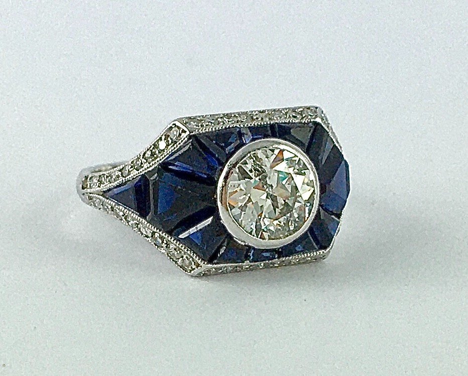 Art Deco Signet Ring With Old Cut Diamond And Mystery Set Sapphires On Platinum-photo-3