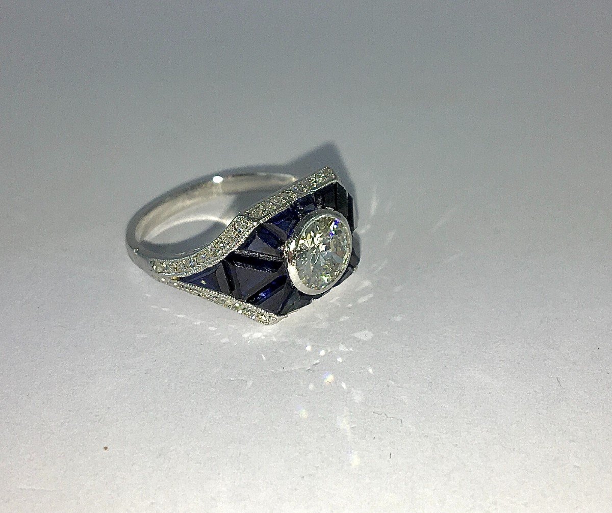 Art Deco Signet Ring With Old Cut Diamond And Mystery Set Sapphires On Platinum-photo-2