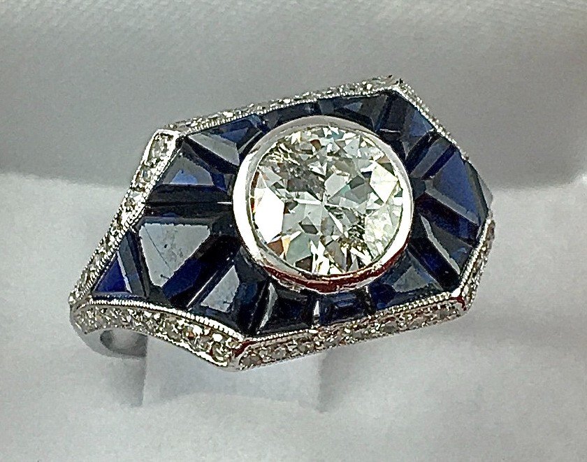 Art Deco Signet Ring With Old Cut Diamond And Mystery Set Sapphires On Platinum