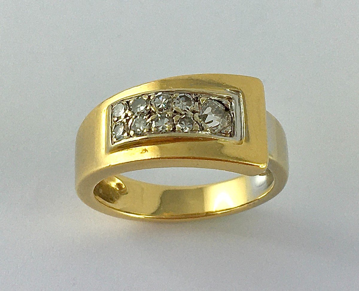 Asymmetrical Wave Ring Tank Type Old Cut Diamonds On Yellow And White Gold -photo-2