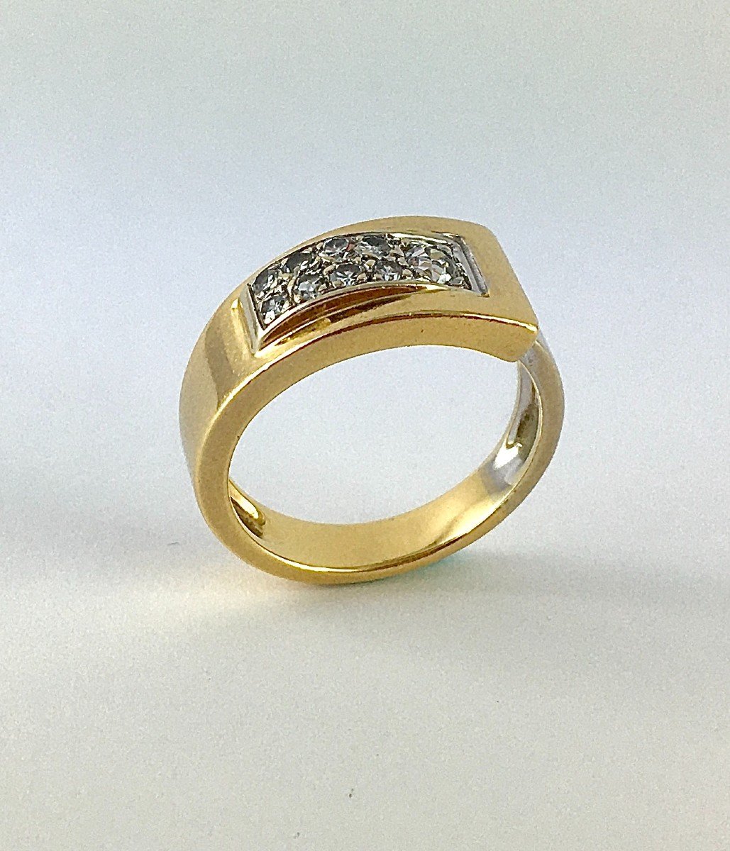 Asymmetrical Wave Ring Tank Type Old Cut Diamonds On Yellow And White Gold -photo-3