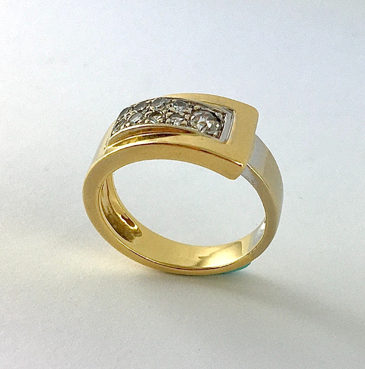 Asymmetrical Wave Ring Tank Type Old Cut Diamonds On Yellow And White Gold -photo-4