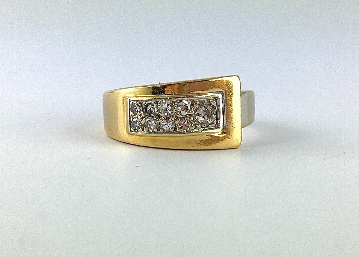 Asymmetrical Wave Ring Tank Type Old Cut Diamonds On Yellow And White Gold -photo-1