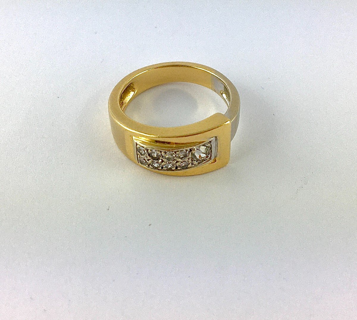 Asymmetrical Wave Ring Tank Type Old Cut Diamonds On Yellow And White Gold -photo-2