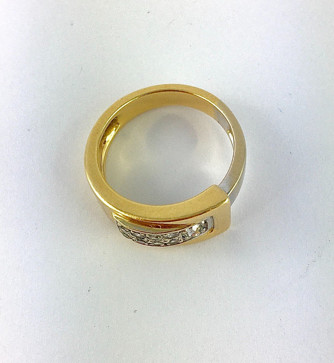 Asymmetrical Wave Ring Tank Type Old Cut Diamonds On Yellow And White Gold -photo-3