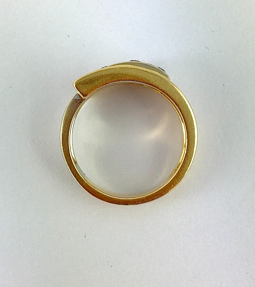 Asymmetrical Wave Ring Tank Type Old Cut Diamonds On Yellow And White Gold -photo-6