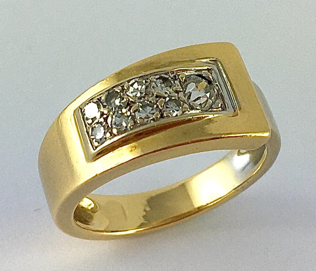 Asymmetrical Wave Ring Tank Type Old Cut Diamonds On Yellow And White Gold 