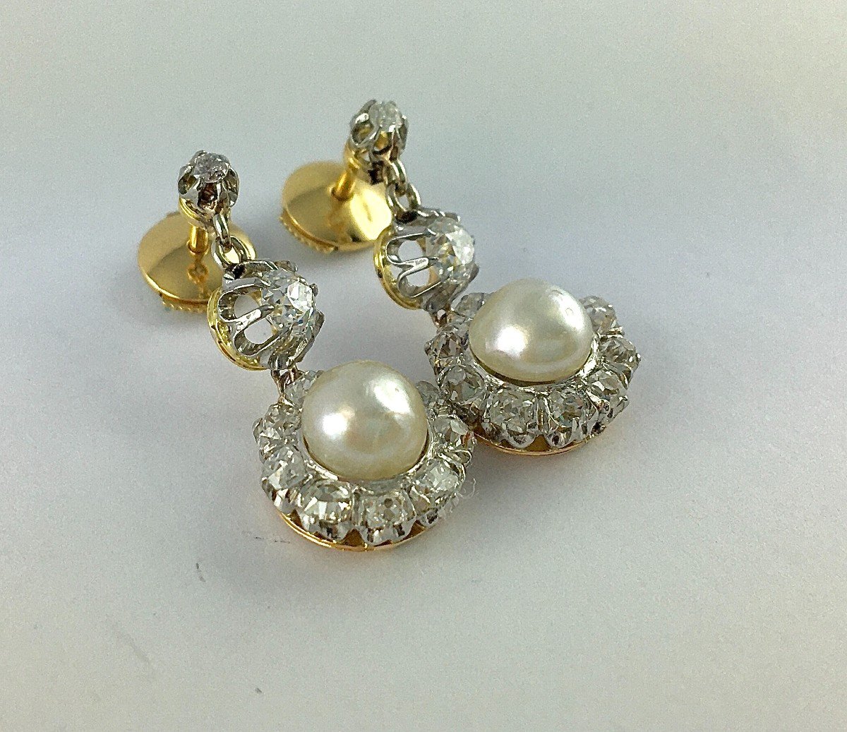 Boucles d'Oreilles Pendants  Belle Epoque Perle Fine Diamant Taille Ancienne Platine Or Jaune -photo-2