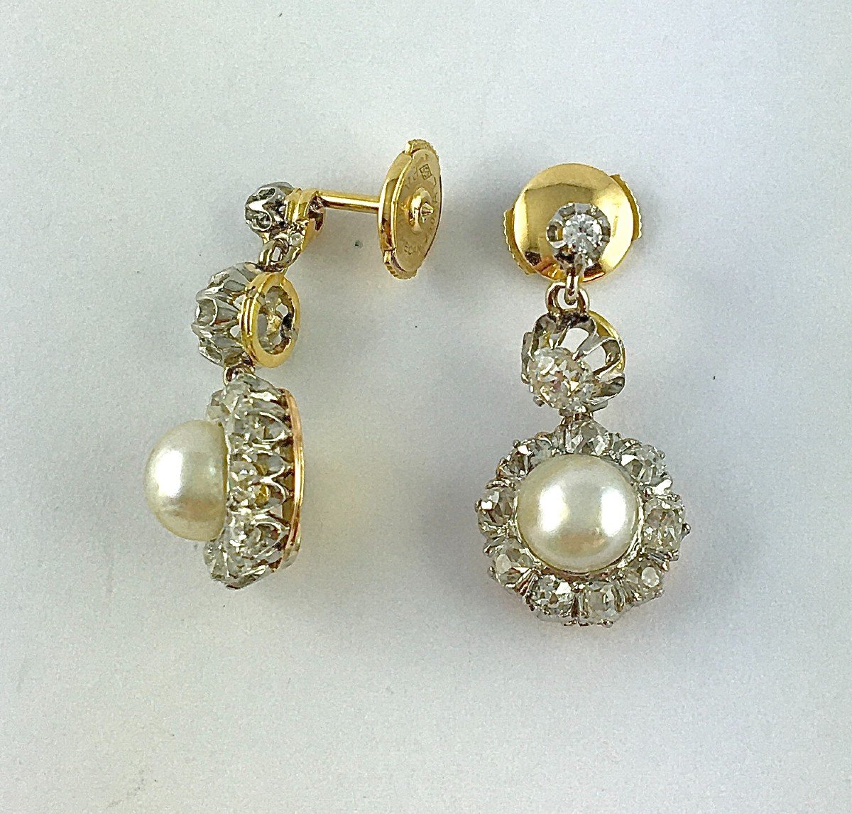 Boucles d'Oreilles Pendants  Belle Epoque Perle Fine Diamant Taille Ancienne Platine Or Jaune -photo-3