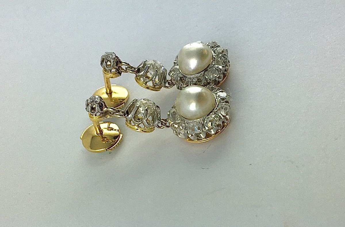 Boucles d'Oreilles Pendants  Belle Epoque Perle Fine Diamant Taille Ancienne Platine Or Jaune -photo-4