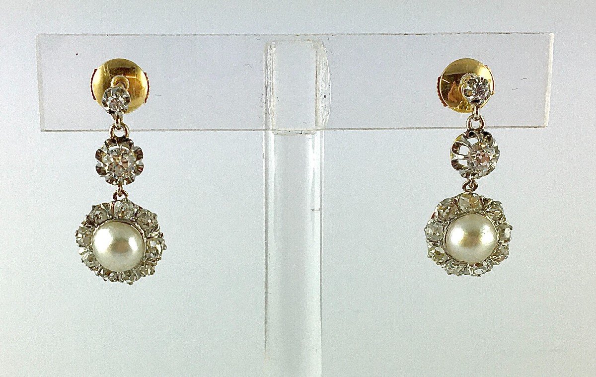 Boucles d'Oreilles Pendants  Belle Epoque Perle Fine Diamant Taille Ancienne Platine Or Jaune -photo-1