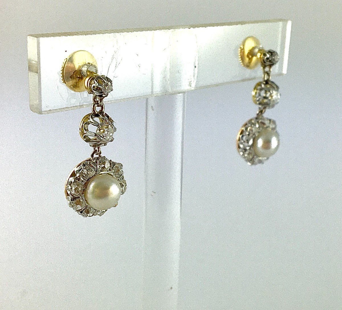 Boucles d'Oreilles Pendants  Belle Epoque Perle Fine Diamant Taille Ancienne Platine Or Jaune -photo-2