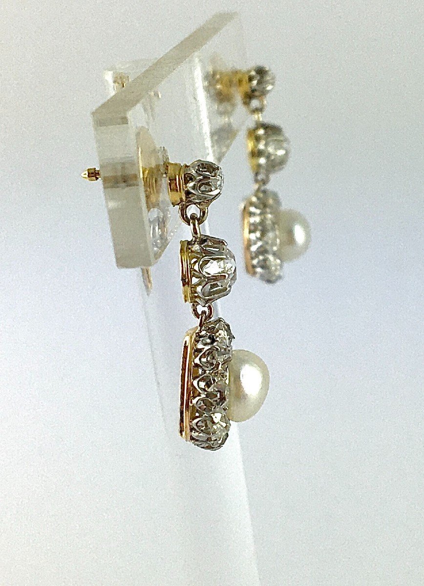 Boucles d'Oreilles Pendants  Belle Epoque Perle Fine Diamant Taille Ancienne Platine Or Jaune -photo-3