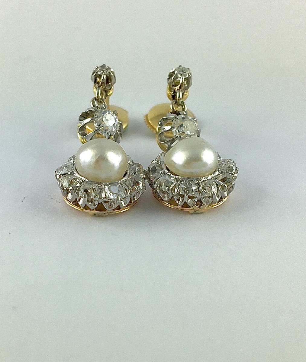 Boucles d'Oreilles Pendants  Belle Epoque Perle Fine Diamant Taille Ancienne Platine Or Jaune -photo-6