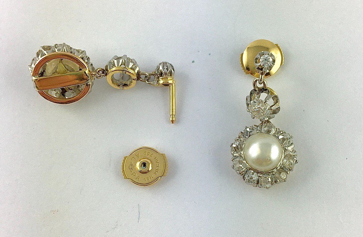 Boucles d'Oreilles Pendants  Belle Epoque Perle Fine Diamant Taille Ancienne Platine Or Jaune -photo-7