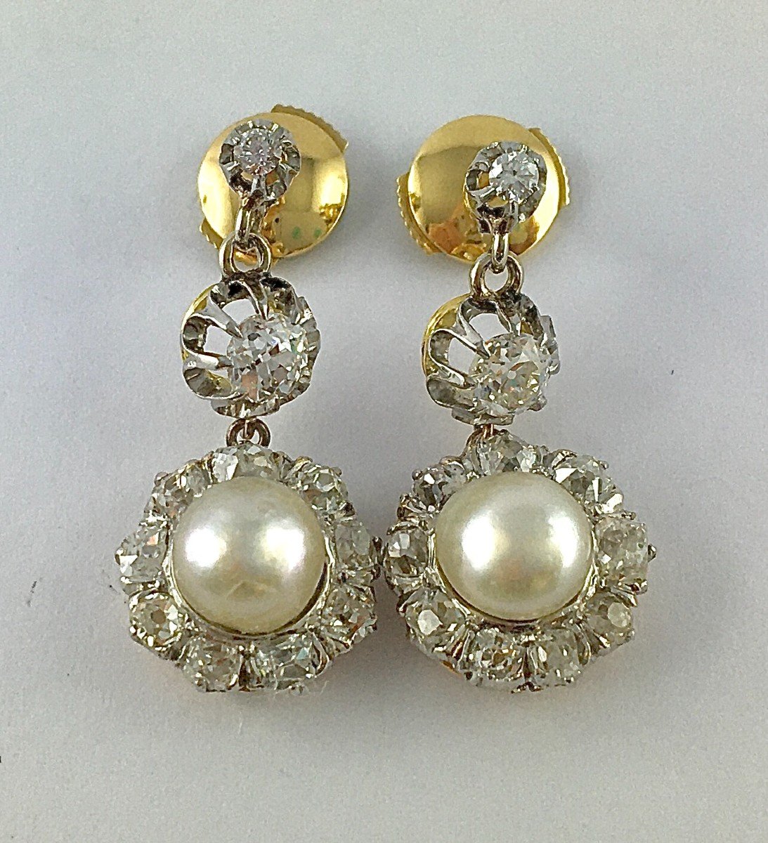 Boucles d'Oreilles Pendants  Belle Epoque Perle Fine Diamant Taille Ancienne Platine Or Jaune 