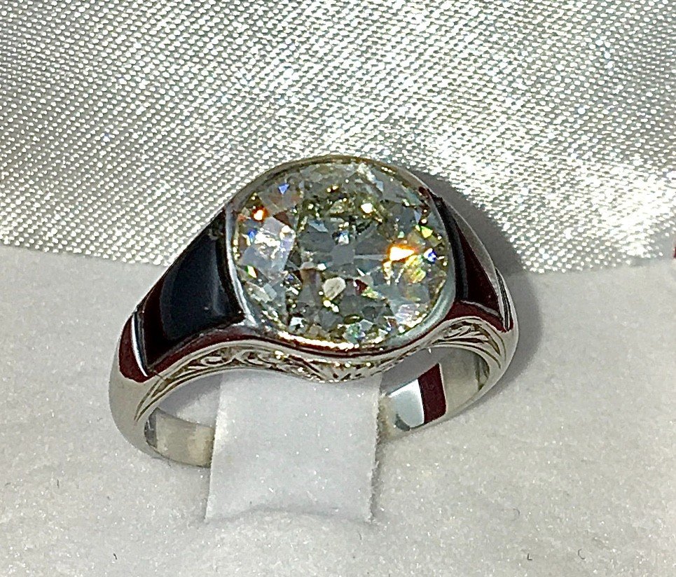 Bague Art Déco Solitaire Diamant Taille Ancienne 3,50 Carats Et Onyx Sur Platine-photo-8