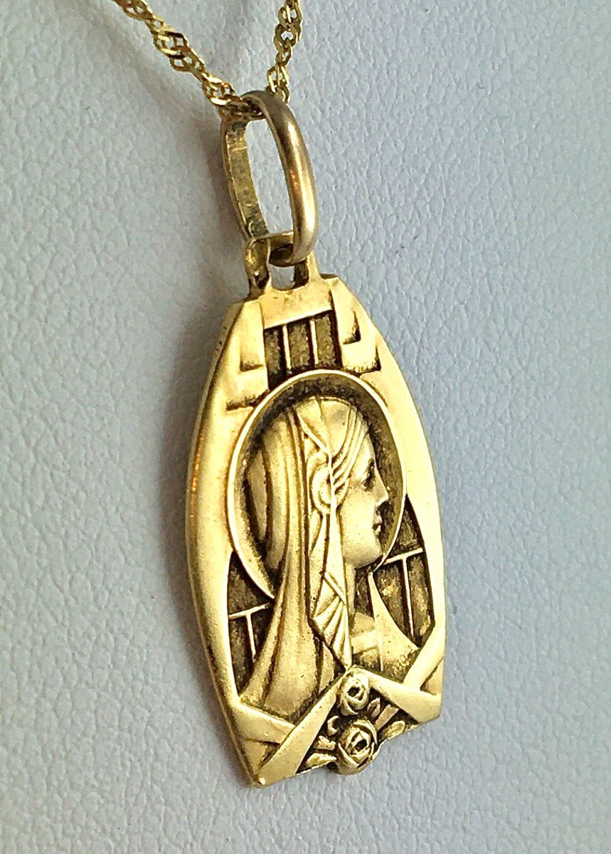 Yellow Gold Art Deco Virgin Medal Pendant-photo-2