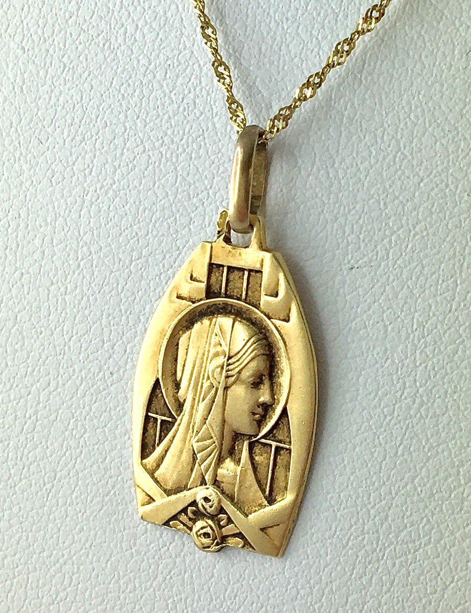 Yellow Gold Art Deco Virgin Medal Pendant-photo-3