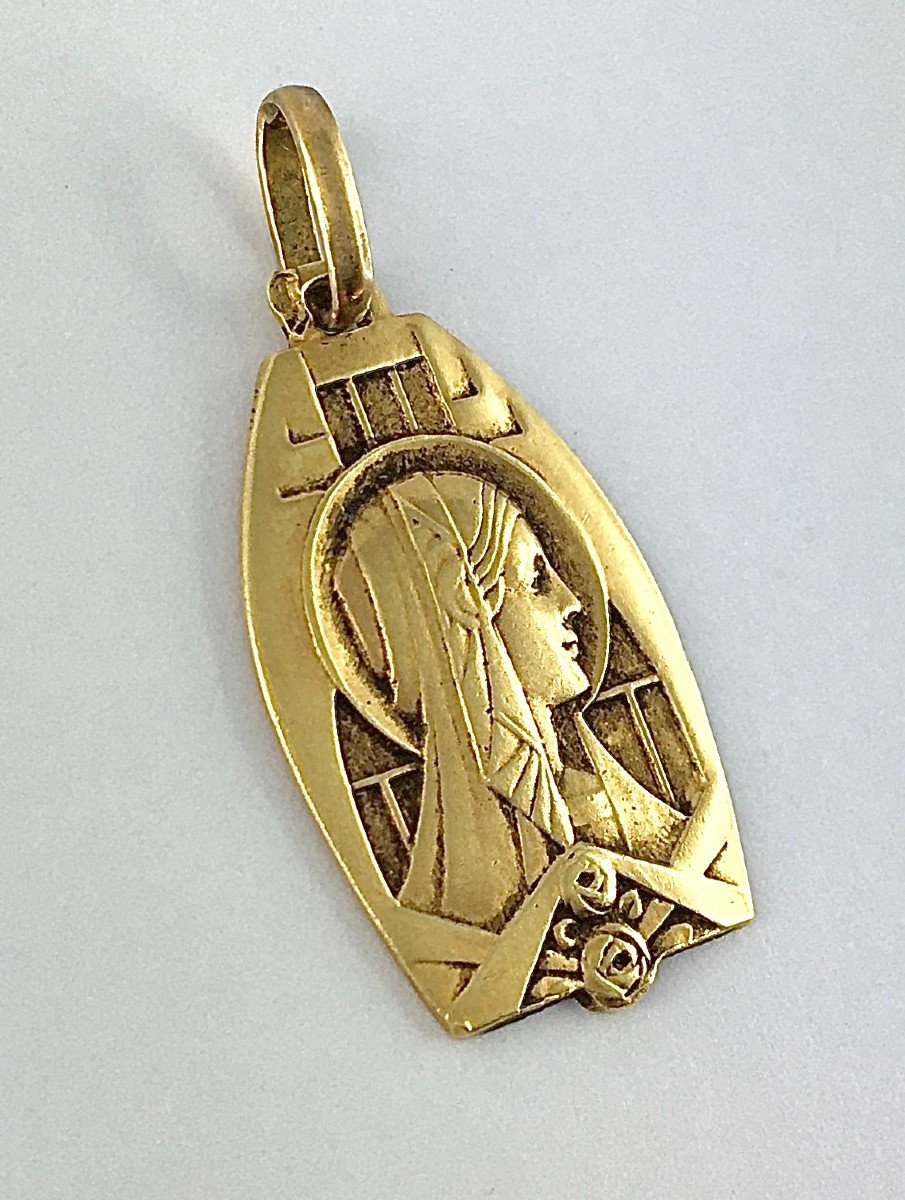 Yellow Gold Art Deco Virgin Medal Pendant-photo-4