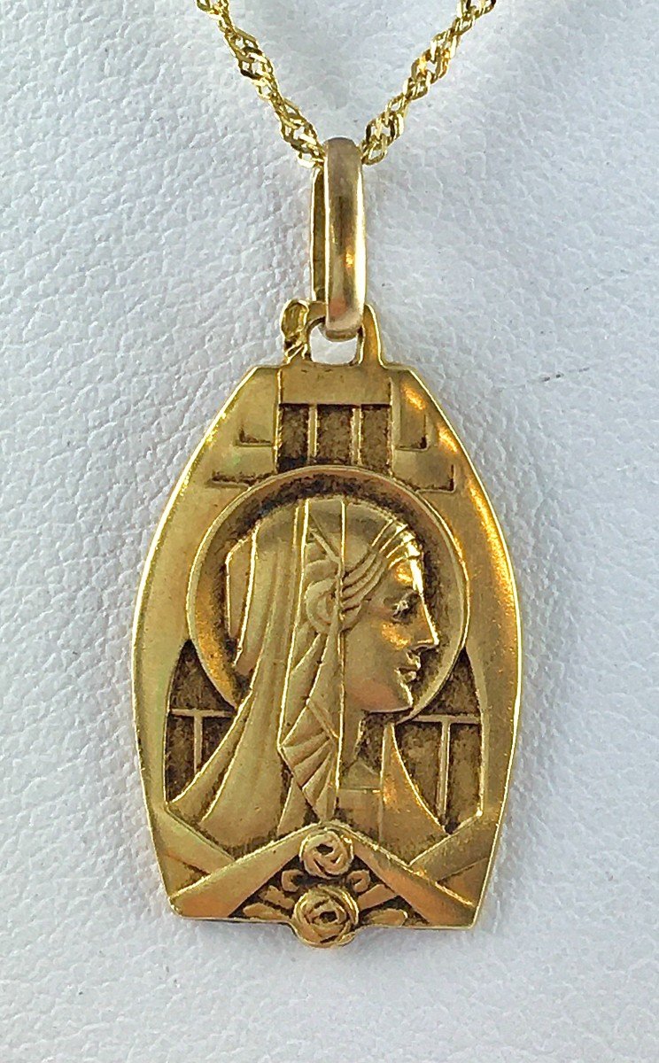 Yellow Gold Art Deco Virgin Medal Pendant