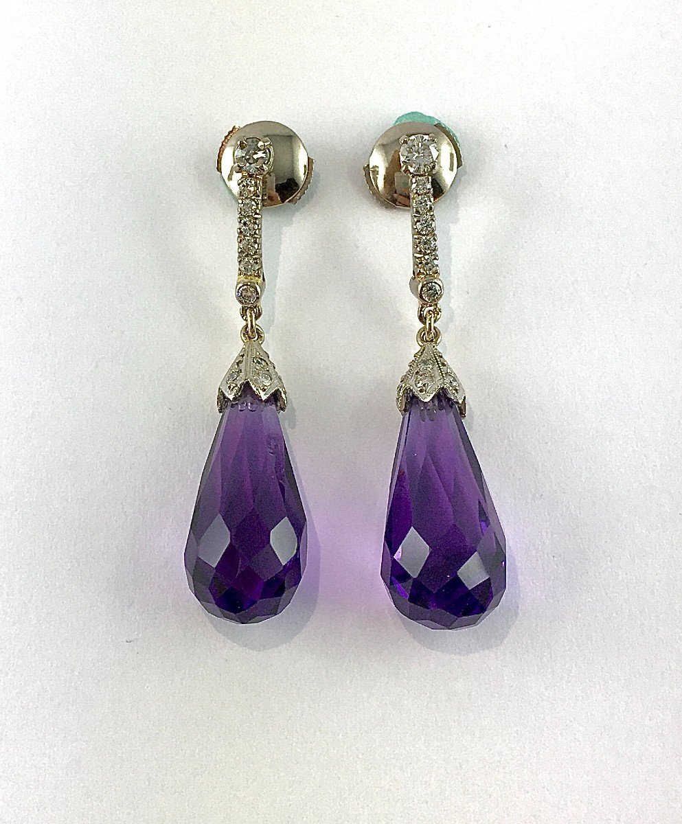 Boucles d'Oreilles Pendants Briolettes d'Améthystes Et Ligne De Diamants Sur Or Blanc-photo-2