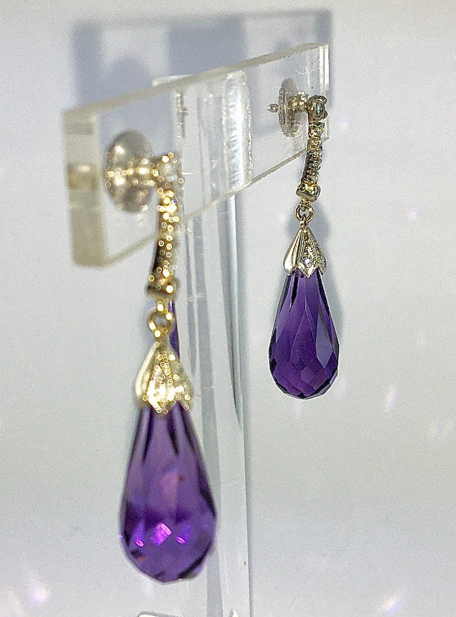 Boucles d'Oreilles Pendants Briolettes d'Améthystes Et Ligne De Diamants Sur Or Blanc-photo-3