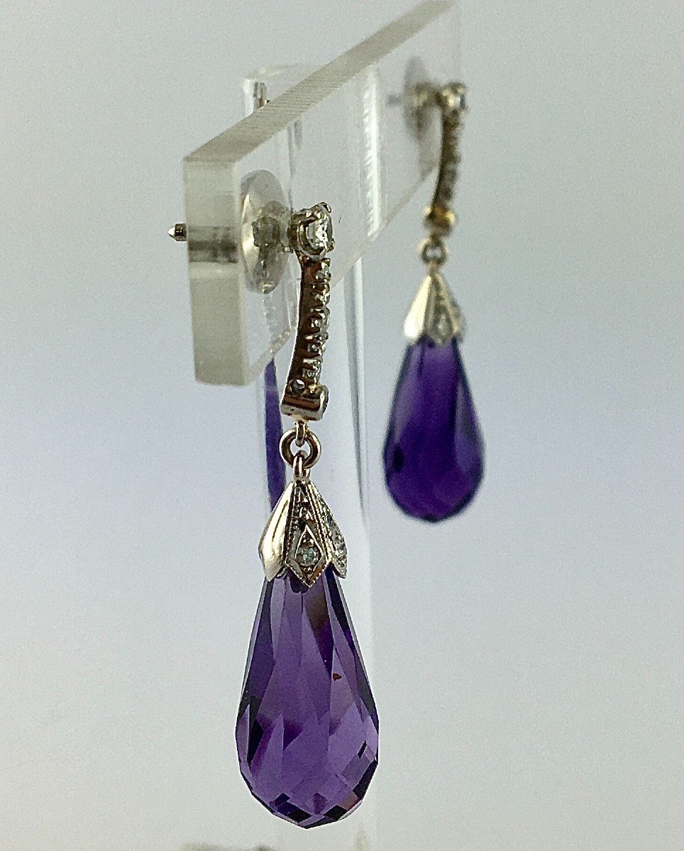 Boucles d'Oreilles Pendants Briolettes d'Améthystes Et Ligne De Diamants Sur Or Blanc-photo-4