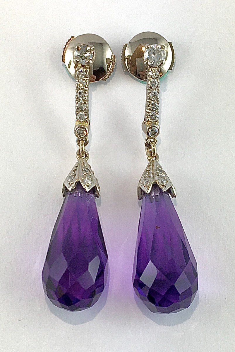 Boucles d'Oreilles Pendants Briolettes d'Améthystes Et Ligne De Diamants Sur Or Blanc