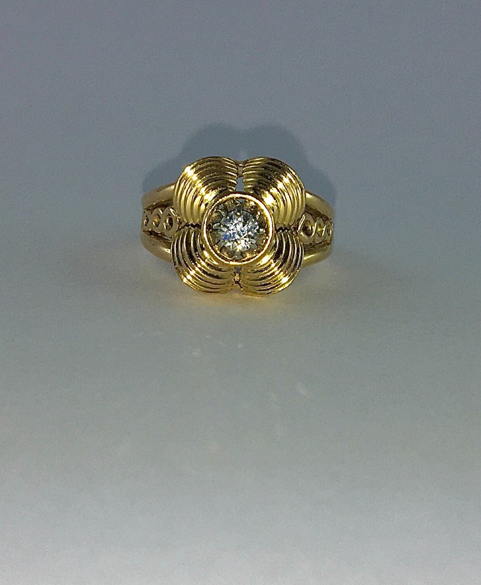 1950s Quadrilobed Dome Son Ring, Old Cut Diamond Solitaire In Rose Gold And Platinum -photo-1