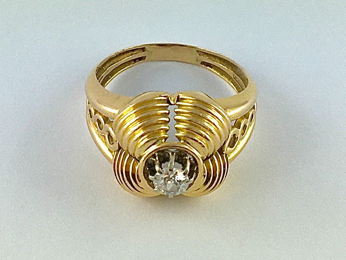 1950s Quadrilobed Dome Son Ring, Old Cut Diamond Solitaire In Rose Gold And Platinum -photo-2