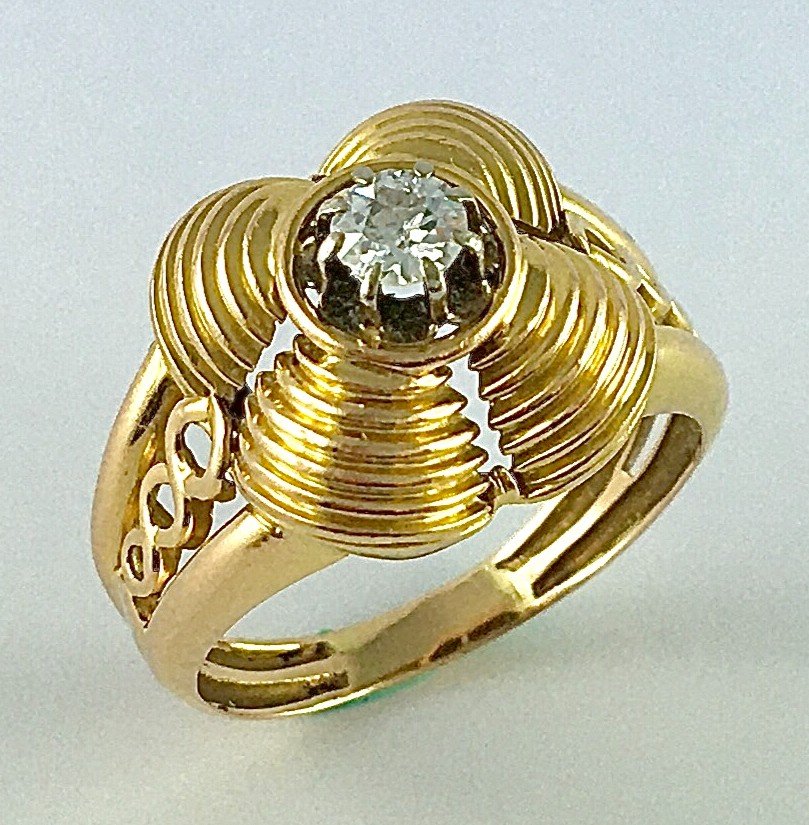 1950s Quadrilobed Dome Son Ring, Old Cut Diamond Solitaire In Rose Gold And Platinum 