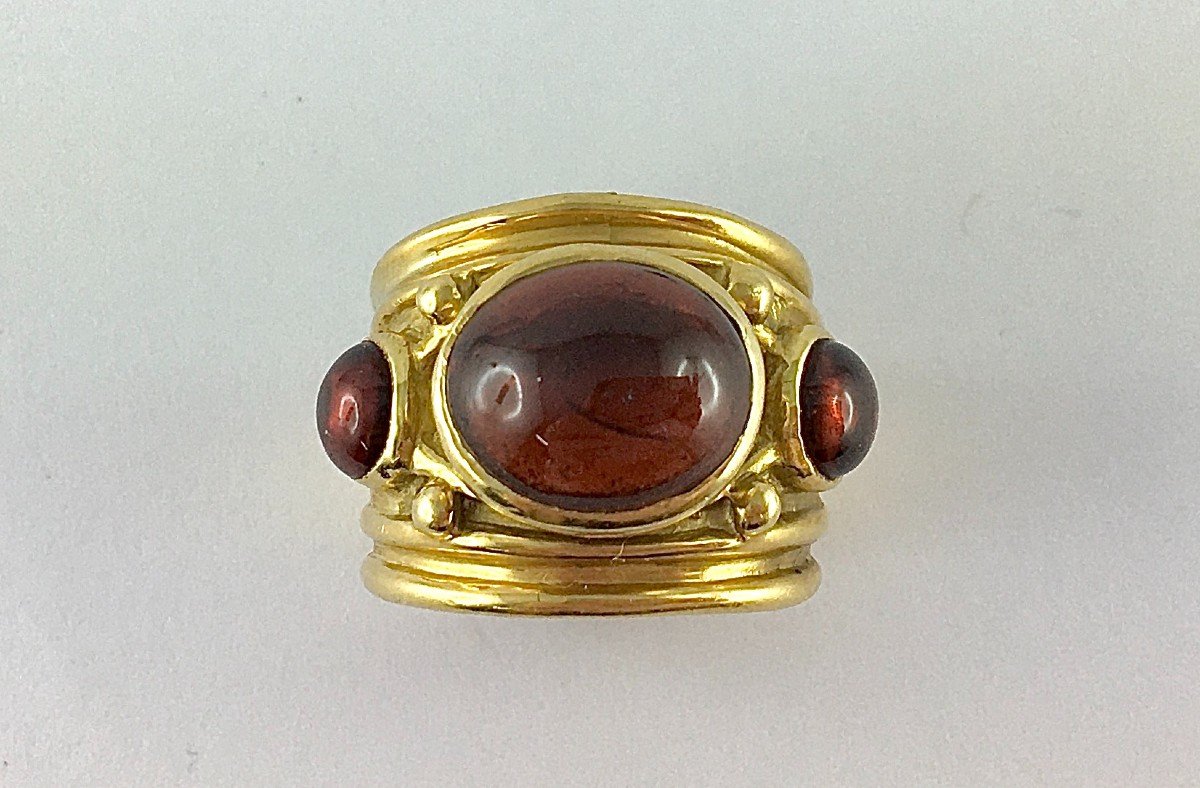 Bague Style Antique Trois Cabochons De Grenat Sur Or Jaune-photo-4