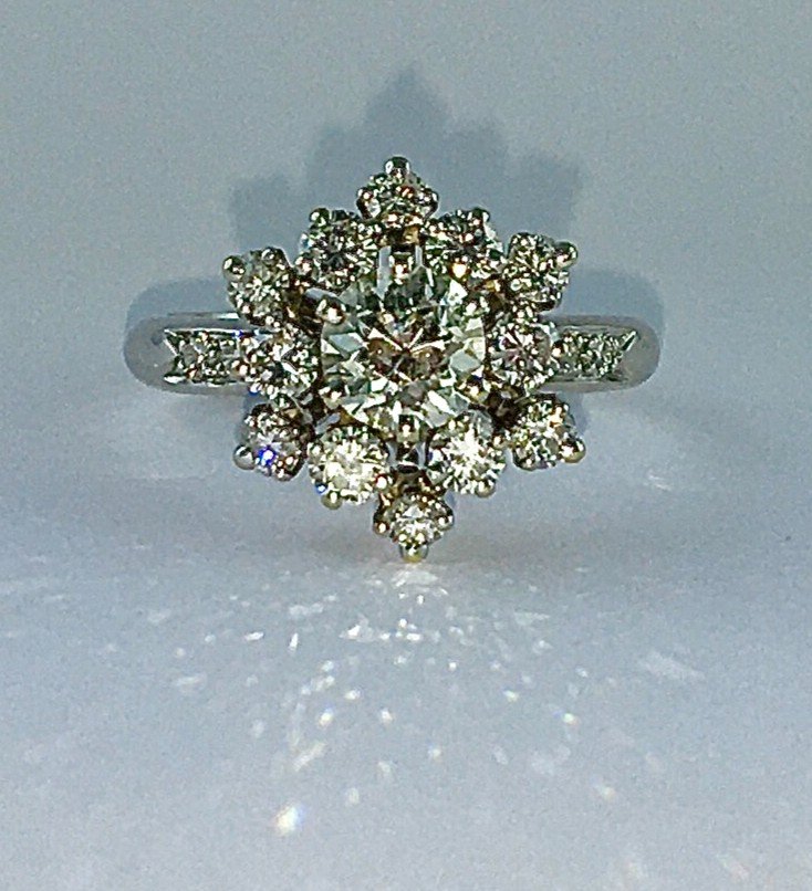 Marguerite Snowflake Ring Old Cut Diamond Surrounded By Brilliant Cut Diamonds On White Gold