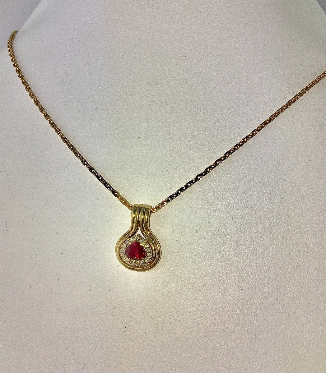 Ruby Drop Pendant Surrounded By Diamonds On Yellow Gold-photo-4