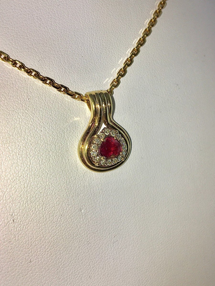 Ruby Drop Pendant Surrounded By Diamonds On Yellow Gold-photo-1