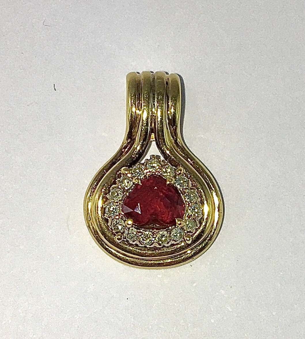 Ruby Drop Pendant Surrounded By Diamonds On Yellow Gold-photo-4