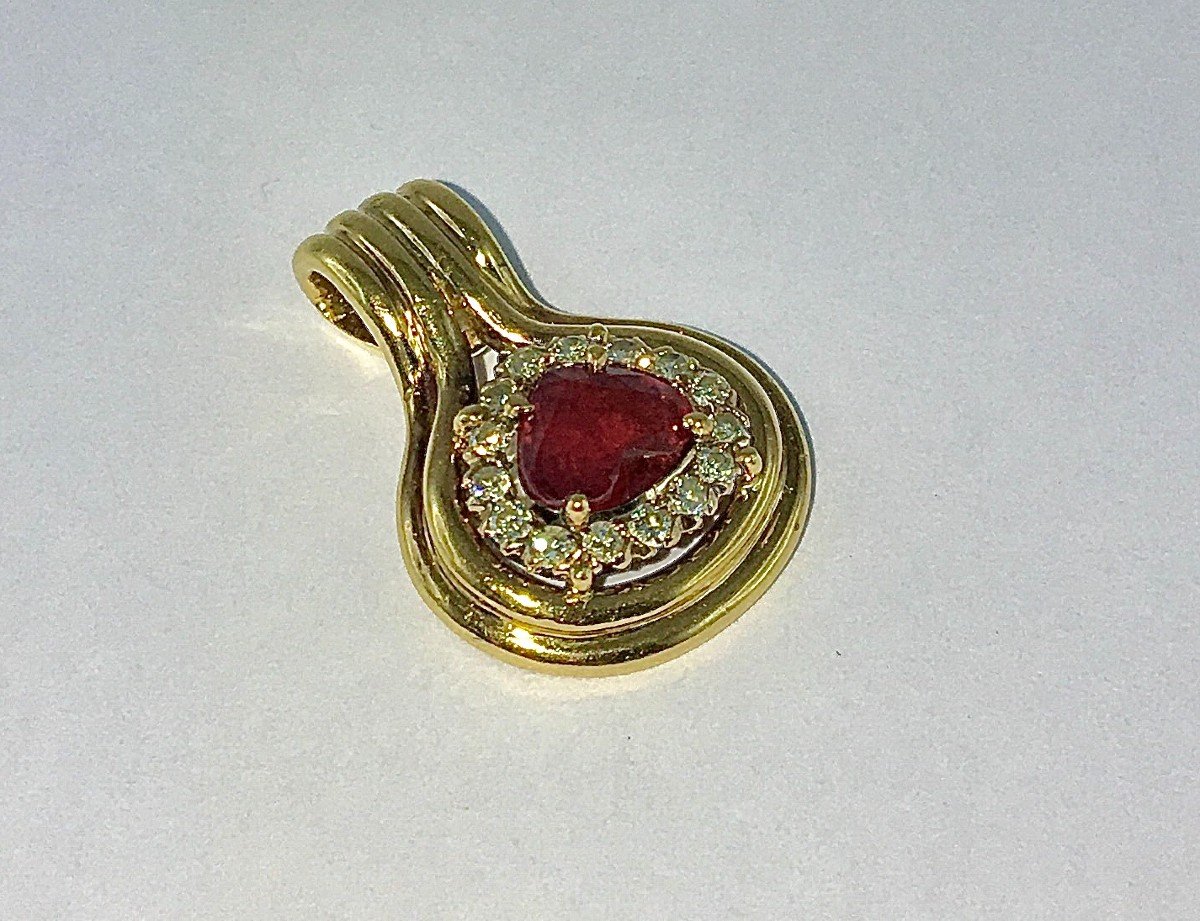 Ruby Drop Pendant Surrounded By Diamonds On Yellow Gold-photo-5