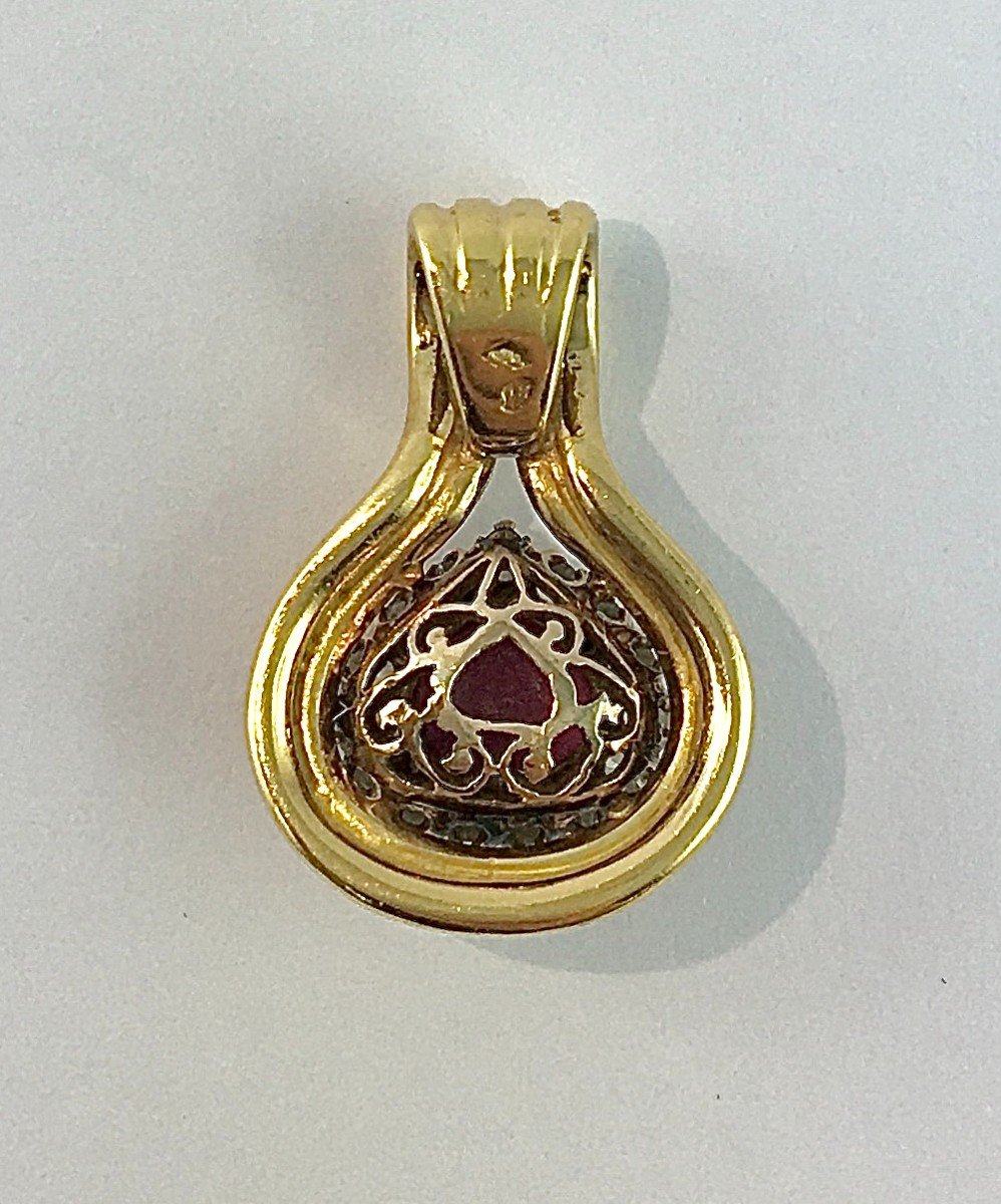 Ruby Drop Pendant Surrounded By Diamonds On Yellow Gold-photo-8