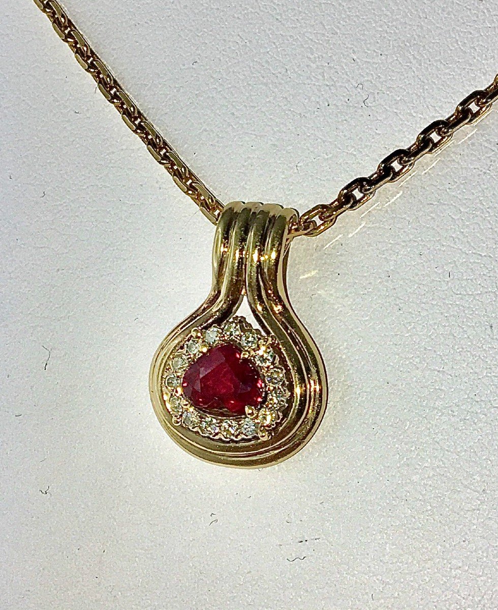 Ruby Drop Pendant Surrounded By Diamonds On Yellow Gold