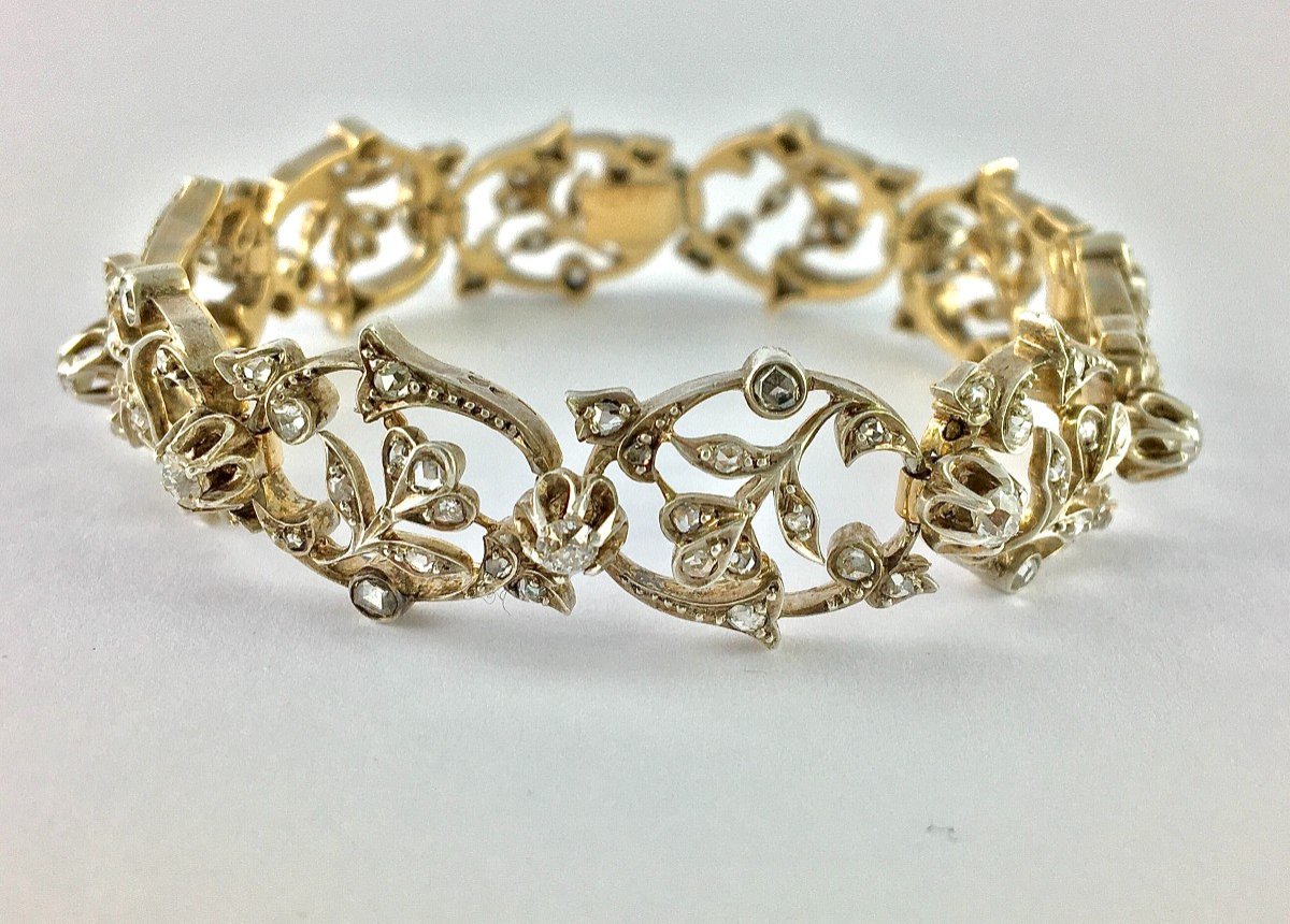 Early 20th Century Floral Soft Bracelet Rose/old Cut Diamonds On Silver & Yellow Gold-photo-2