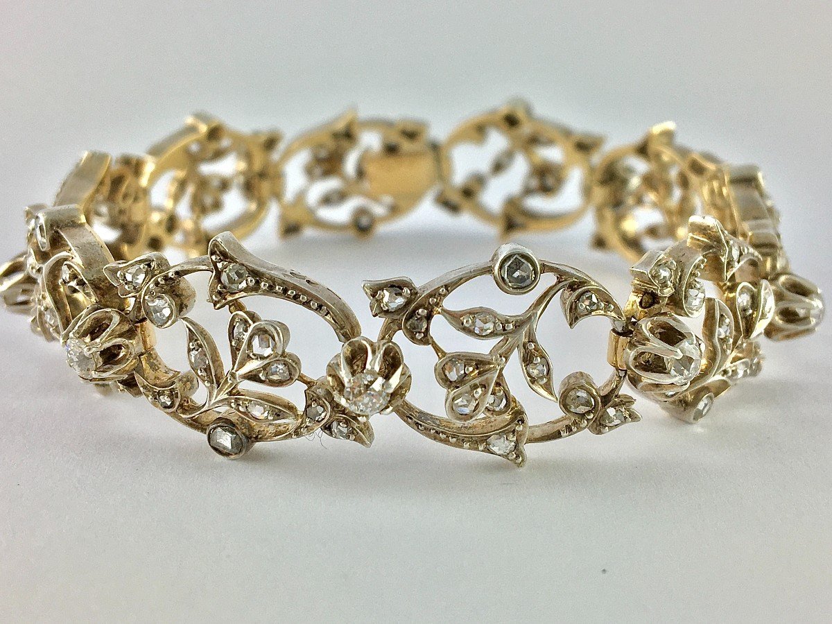 Early 20th Century Floral Soft Bracelet Rose/old Cut Diamonds On Silver & Yellow Gold-photo-3