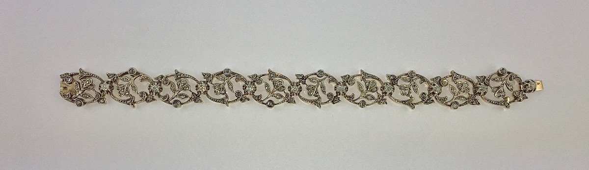 Early 20th Century Floral Soft Bracelet Rose/old Cut Diamonds On Silver & Yellow Gold-photo-4