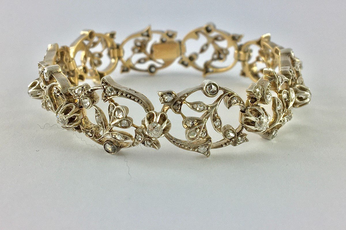 Early 20th Century Floral Soft Bracelet Rose/old Cut Diamonds On Silver & Yellow Gold-photo-1