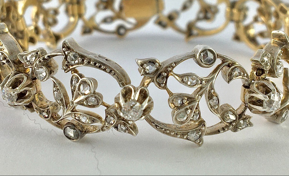 Early 20th Century Floral Soft Bracelet Rose/old Cut Diamonds On Silver & Yellow Gold-photo-2